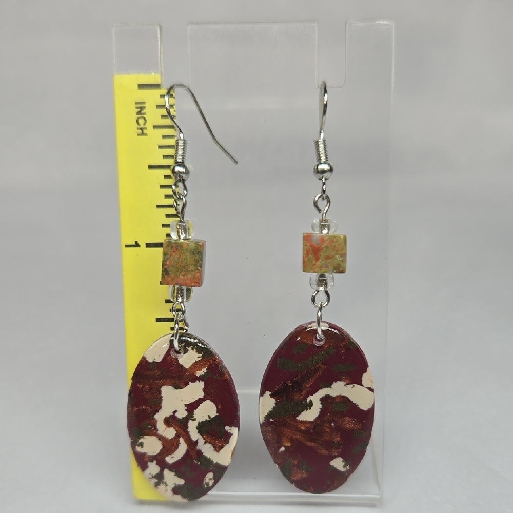 #B149- Elegant Maroon and Cream Dangle Earrings Woth Unakite Stones